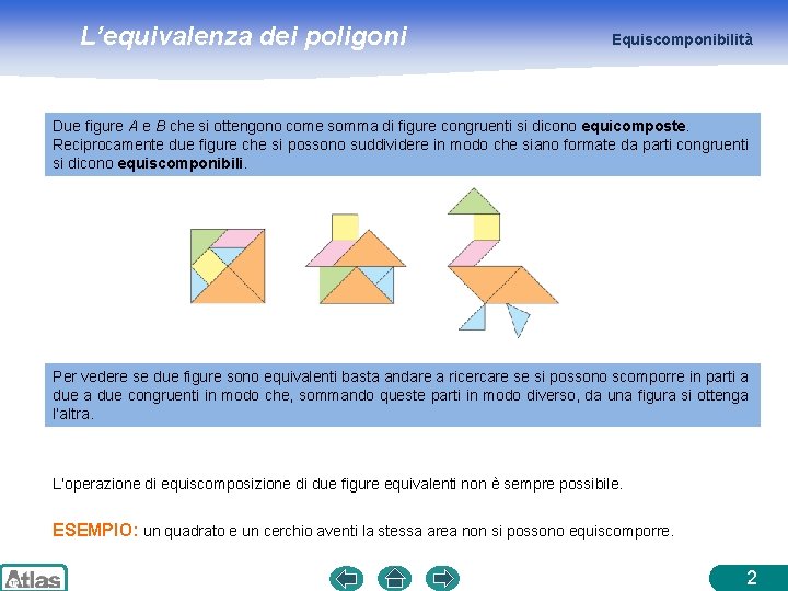 L’equivalenza dei poligoni Equiscomponibilità Due figure A e B che si ottengono come somma