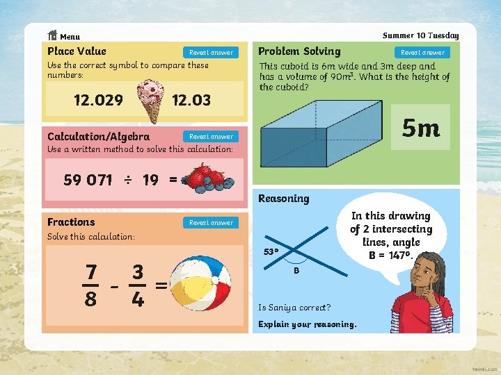 Summer 10 Tuesday Menu Place Value Reveal answer Use the correct symbol to compare
