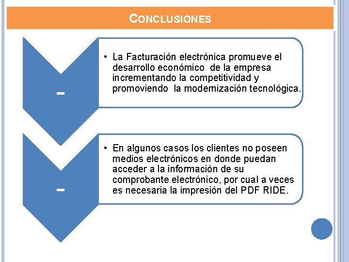 CONCLUSIONES - • La Facturación electrónica promueve el desarrollo económico de la empresa incrementando