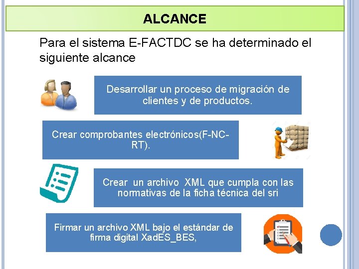 ALCANCE Para el sistema E-FACTDC se ha determinado el siguiente alcance Desarrollar un proceso