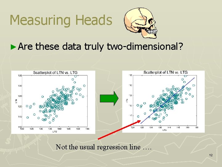 Measuring Heads ► Are these data truly two-dimensional? Not the usual regression line ….