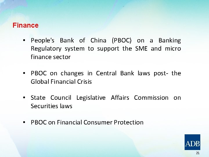 Finance • People's Bank of China (PBOC) on a Banking Regulatory system to support