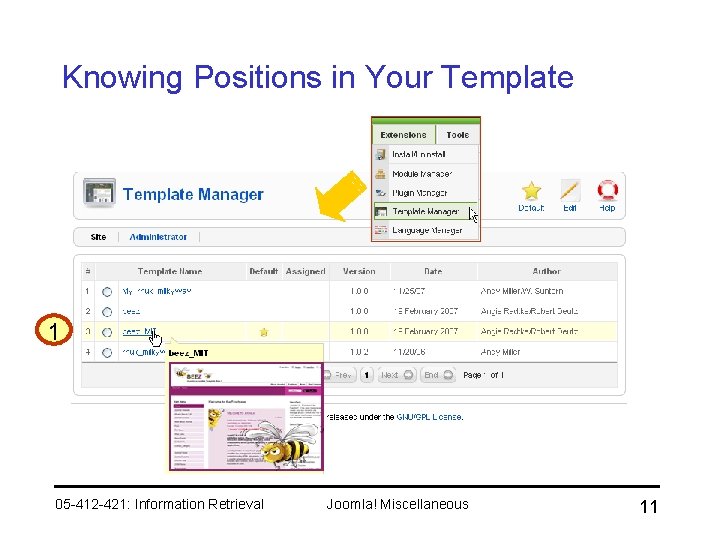 Knowing Positions in Your Template 1 05 -412 -421: Information Retrieval Joomla! Miscellaneous 11