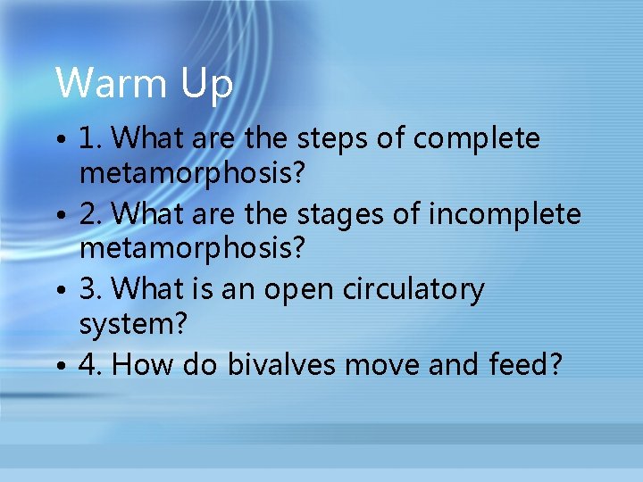 Warm Up • 1. What are the steps of complete metamorphosis? • 2. What
