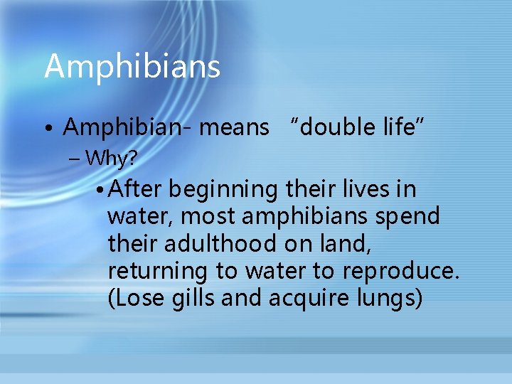 Amphibians • Amphibian- means “double life” – Why? • After beginning their lives in
