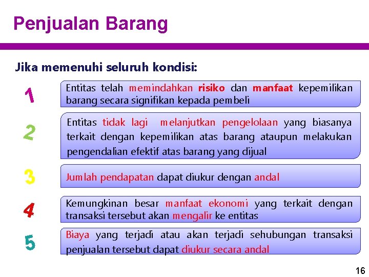 Penjualan Barang Jika memenuhi seluruh kondisi: 1 Entitas telah memindahkan risiko dan manfaat kepemilikan