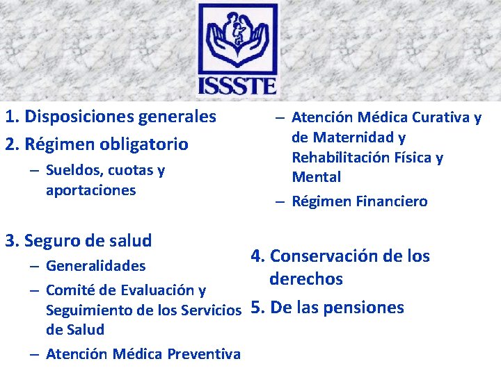 1. Disposiciones generales 2. Régimen obligatorio – Sueldos, cuotas y aportaciones 3. Seguro de
