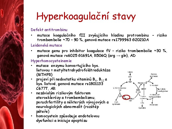 Hyperkoagulační stavy Defekt antitrombinu • mutace koagulačního f. II zvyšujícího hladinu protrombinu – riziko