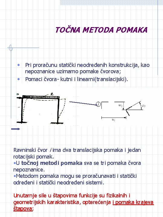 TOČNA METODA POMAKA • Pri proračunu statički neodređenih konstrukcija, kao nepoznanice uzimamo pomake čvorova;