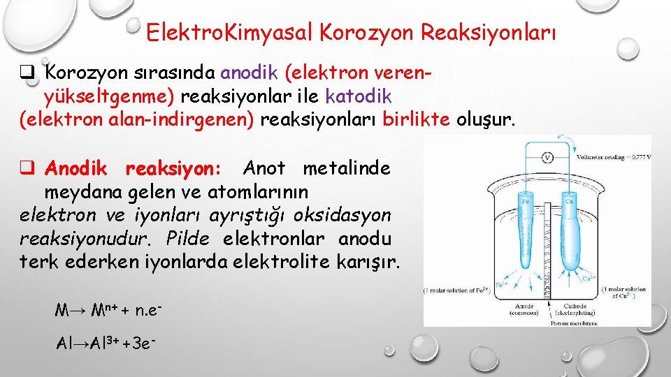 Elektro. Kimyasal Korozyon Reaksiyonları q Korozyon sırasında anodik (elektron verenyükseltgenme) reaksiyonlar ile katodik (elektron