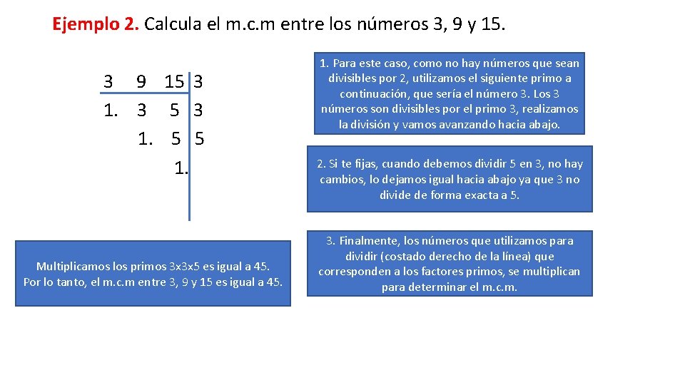 Ejemplo 2. Calcula el m. c. m entre los números 3, 9 y 15.