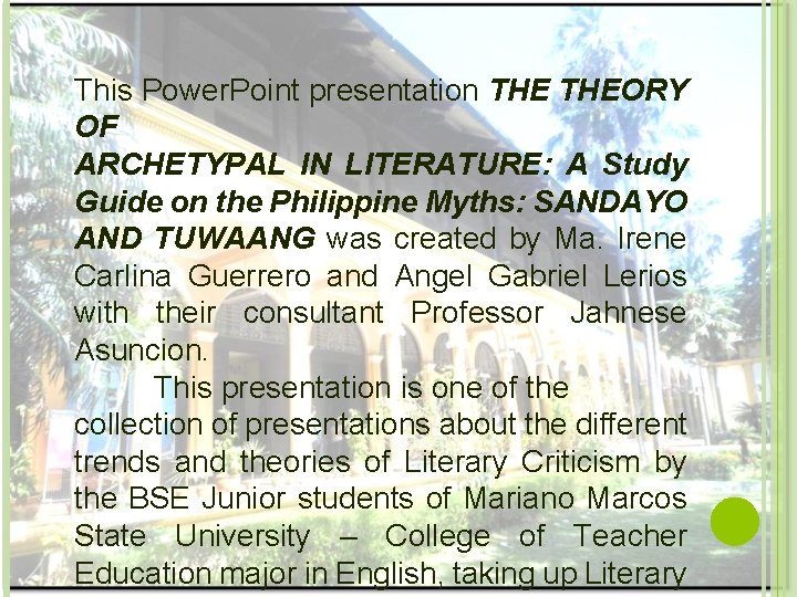 This Power. Point presentation THEORY OF ARCHETYPAL IN LITERATURE: A Study Guide on the