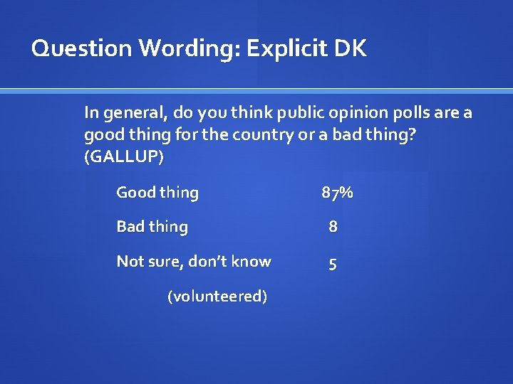 Question Wording: Explicit DK In general, do you think public opinion polls are a