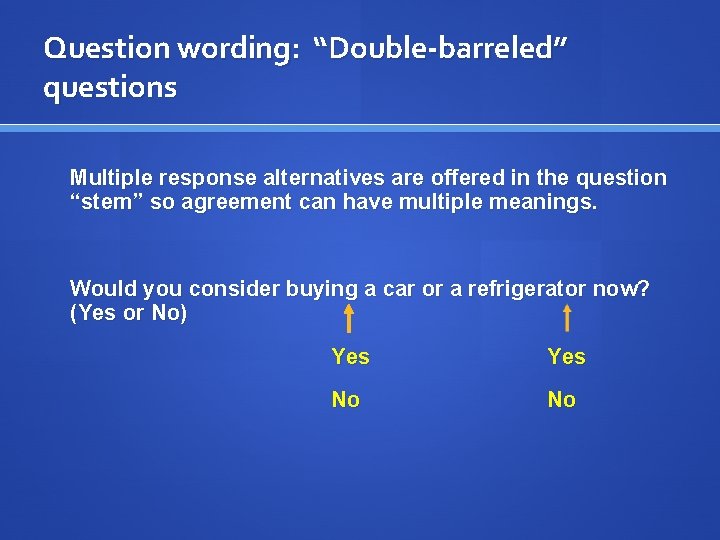 Question wording: “Double-barreled” questions Multiple response alternatives are offered in the question “stem” so