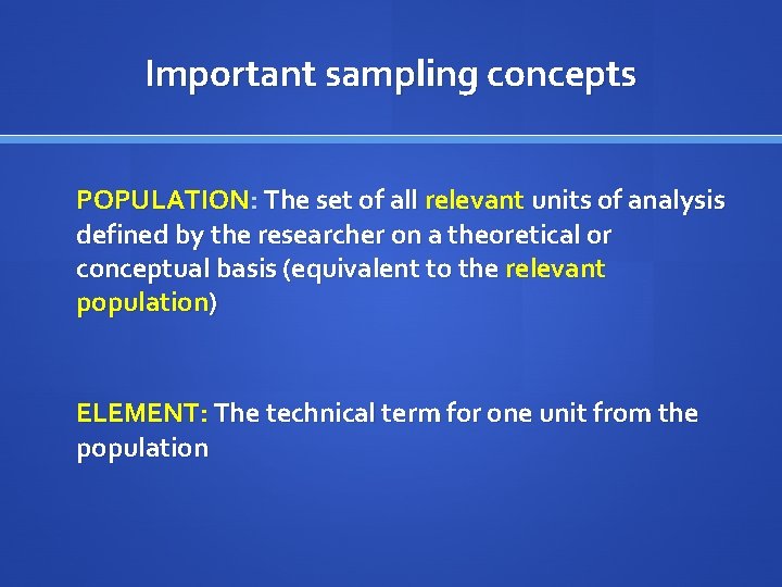Important sampling concepts POPULATION: The set of all relevant units of analysis defined by