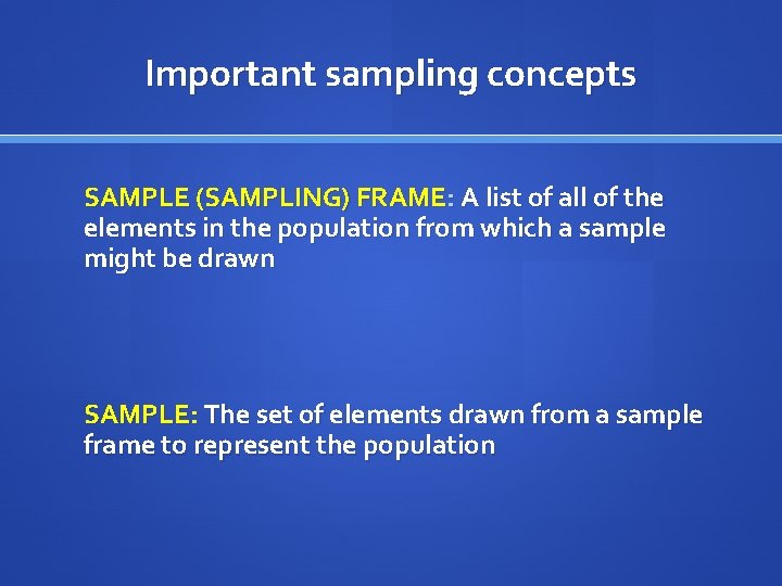 Important sampling concepts SAMPLE (SAMPLING) FRAME: A list of all of the elements in