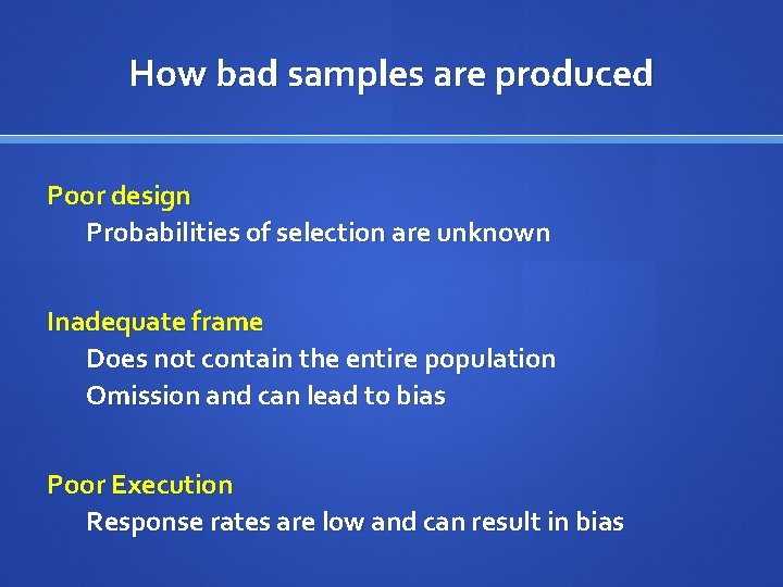 How bad samples are produced Poor design Probabilities of selection are unknown Inadequate frame