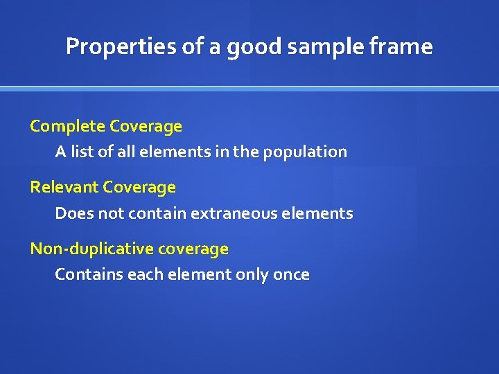 Properties of a good sample frame Complete Coverage A list of all elements in