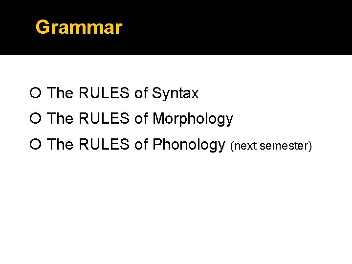 Grammar The RULES of Syntax The RULES of Morphology The RULES of Phonology (next