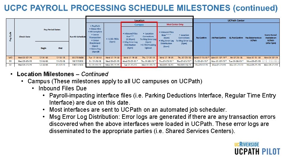 • Location Milestones – Continued • Campus (These milestones apply to all UC