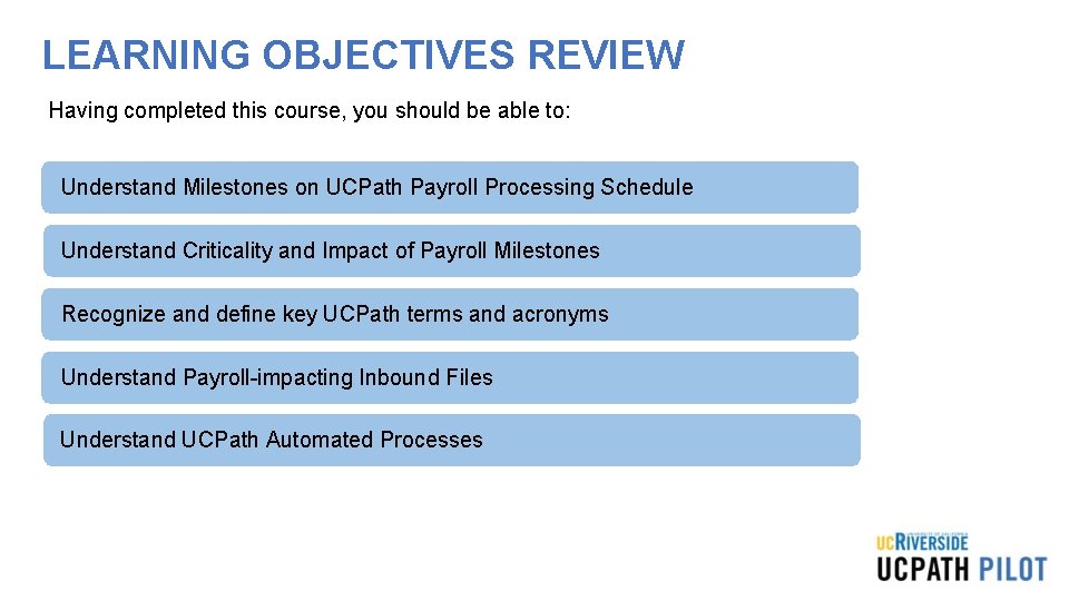 LEARNING OBJECTIVES REVIEW Having completed this course, you should be able to: Understand Milestones