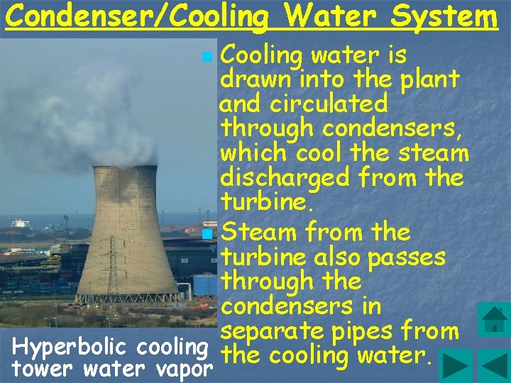 Condenser/Cooling Water System Cooling water is drawn into the plant and circulated through condensers,