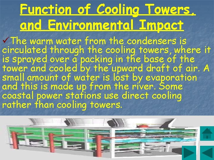 Function of Cooling Towers, and Environmental Impact üThe warm water from the condensers is