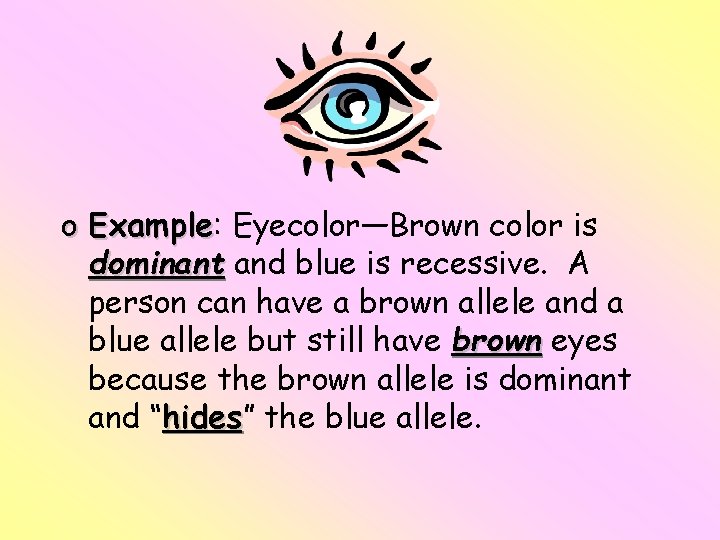 o Example: Example Eyecolor—Brown color is dominant and blue is recessive. A person can