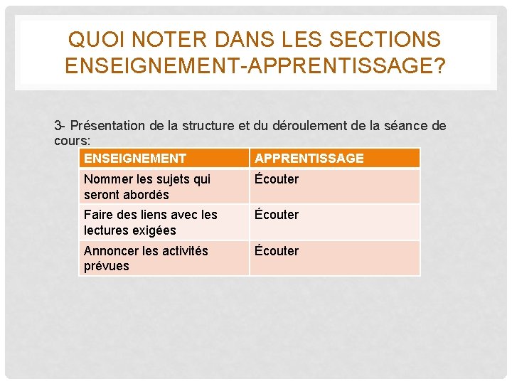 QUOI NOTER DANS LES SECTIONS ENSEIGNEMENT-APPRENTISSAGE? 3 - Présentation de la structure et du QUOI NOTER DANS LES SECTIONS ENSEIGNEMENT-APPRENTISSAGE? 3 - Présentation de la structure et du