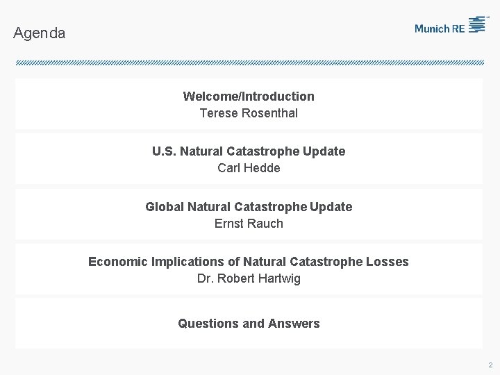 Agenda Welcome/Introduction Terese Rosenthal U. S. Natural Catastrophe Update Carl Hedde Global Natural Catastrophe
