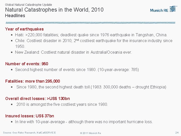 Global Natural Catastrophe Update Natural Catastrophes in the World, 2010 Headlines Year of earthquakes