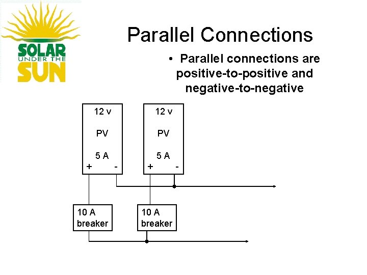Parallel Connections • Parallel connections are positive-to-positive and negative-to-negative 12 v PV PV 5