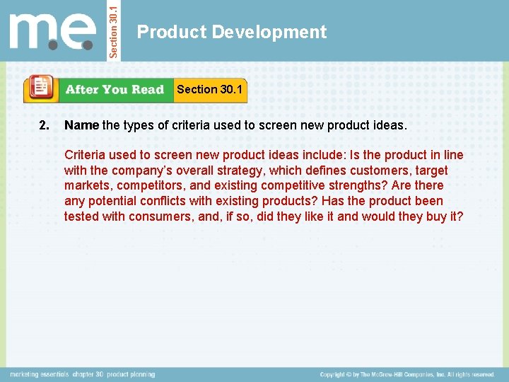 Section 30. 1 Product Development Section 30. 1 2. Name the types of criteria