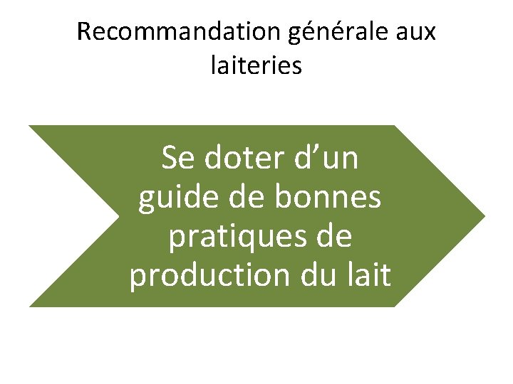 Recommandation générale aux laiteries Se doter d’un guide de bonnes pratiques de production du