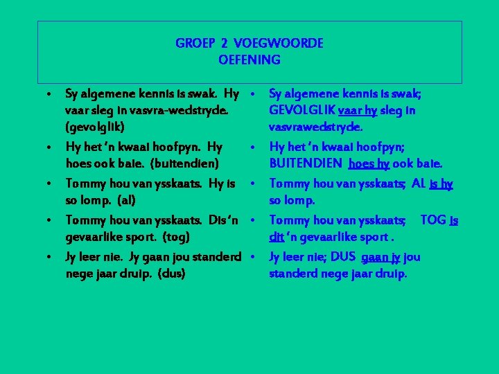 GROEP 2 VOEGWOORDE OEFENING • Sy algemene kennis is swak. Hy vaar sleg in