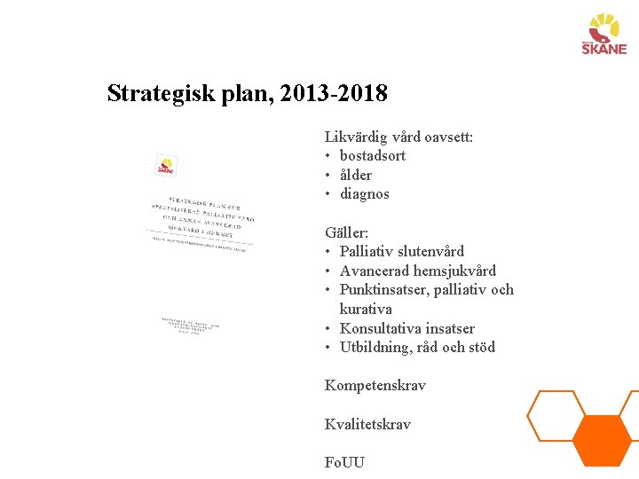 Strategisk plan, 2013 -2018 Likvärdig vård oavsett: • bostadsort • ålder • diagnos Gäller: