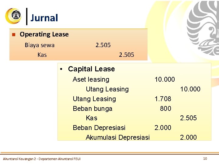 Jurnal n Operating Lease Biaya sewa Kas 2. 505 • Capital Lease Aset leasing