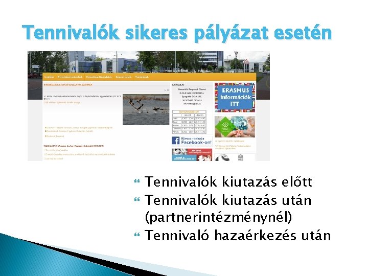 Tennivalók sikeres pályázat esetén Tennivalók kiutazás előtt Tennivalók kiutazás után (partnerintézménynél) Tennivaló hazaérkezés után