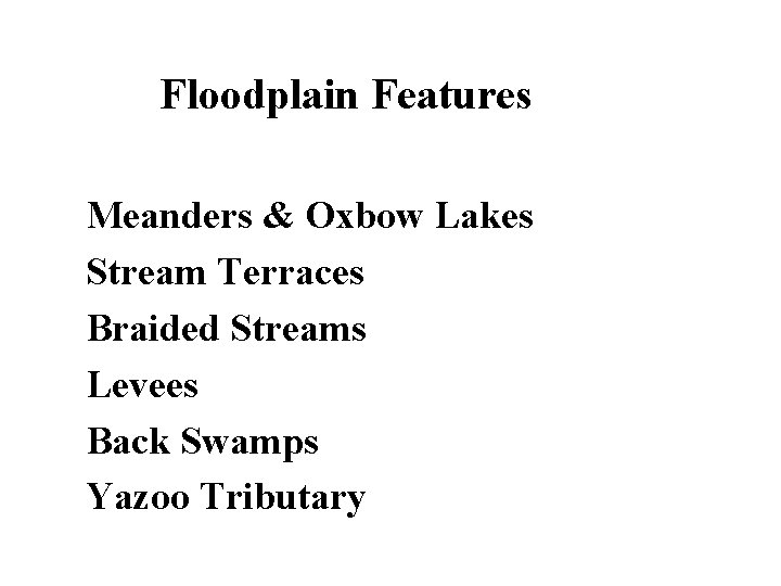 Floodplain Features Meanders & Oxbow Lakes Stream Terraces Braided Streams Levees Back Swamps Yazoo