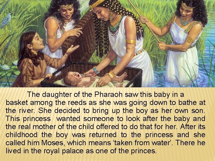 The daughter of the Pharaoh saw this baby in a basket among the reeds