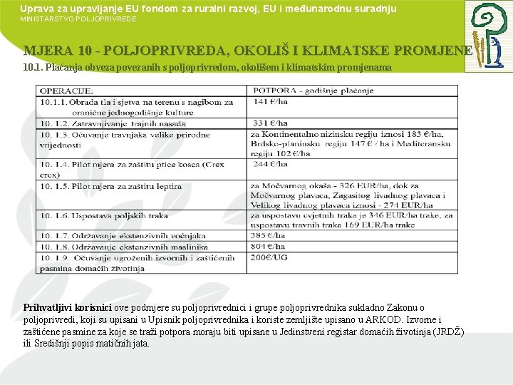 Uprava za upravljanje EU fondom za ruralni razvoj, EU i međunarodnu suradnju MINISTARSTVO POLJOPRIVREDE