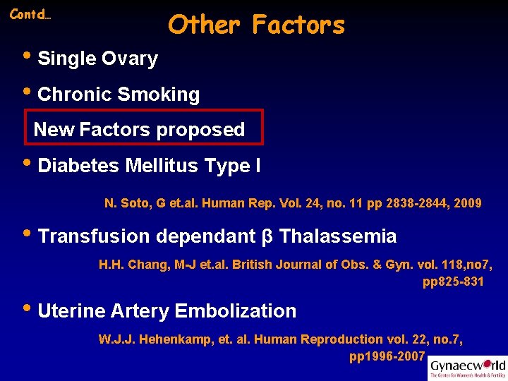 Contd… Other Factors • Single Ovary • Chronic Smoking New Factors proposed • Diabetes