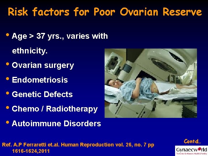 Risk factors for Poor Ovarian Reserve • Age > 37 yrs. , varies with