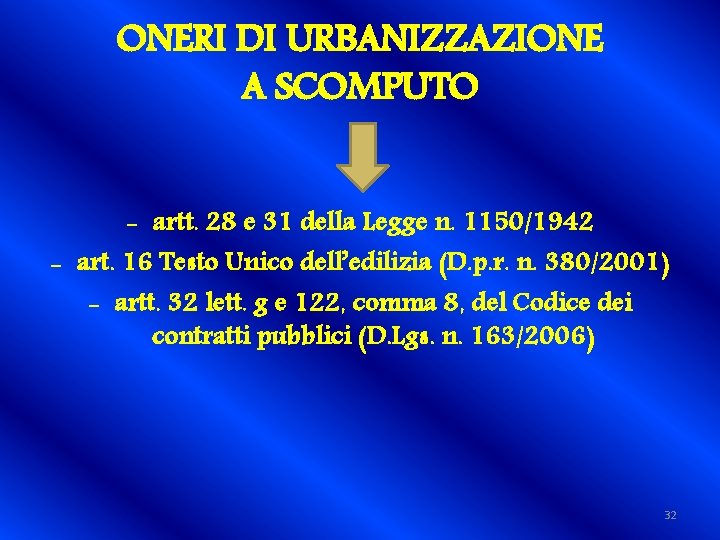 ONERI DI URBANIZZAZIONE A SCOMPUTO - artt. 28 e 31 della Legge n. 1150/1942