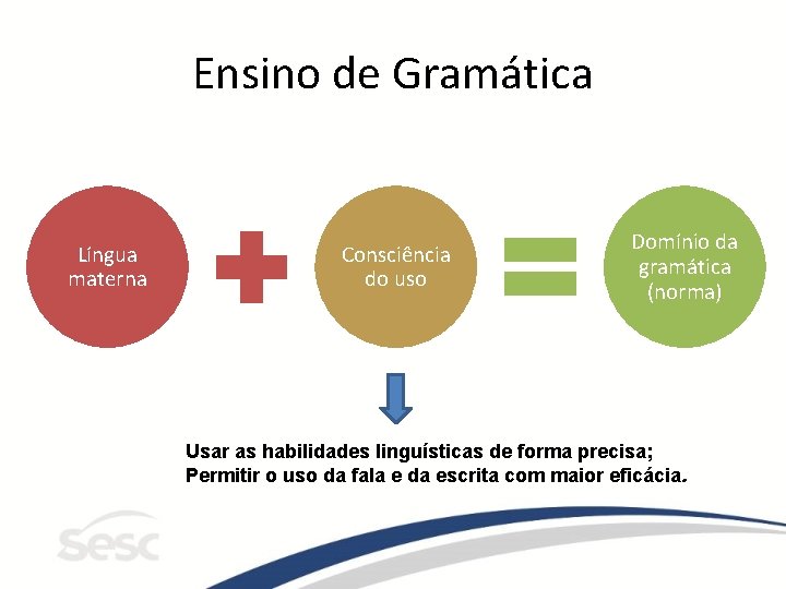 Ensino de Gramática Língua materna Consciência do uso Domínio da gramática (norma) Usar as