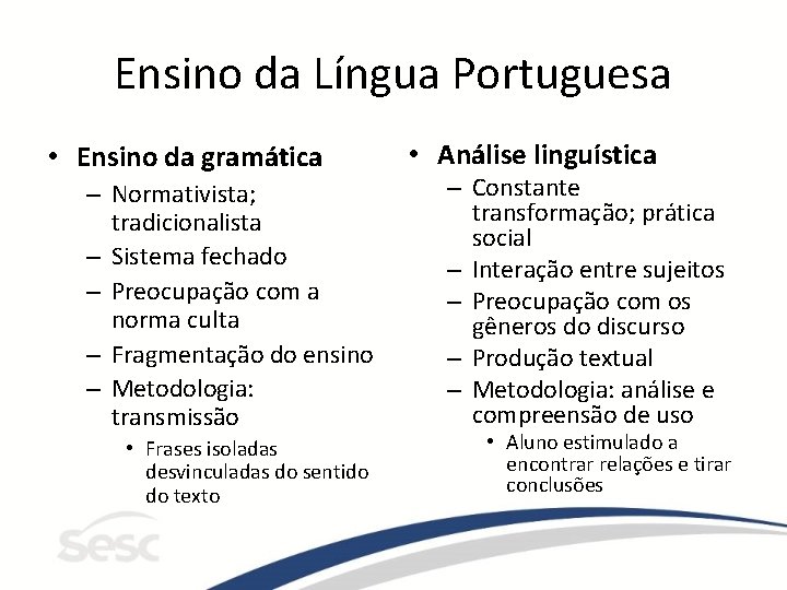 Ensino da Língua Portuguesa • Ensino da gramática – Normativista; tradicionalista – Sistema fechado