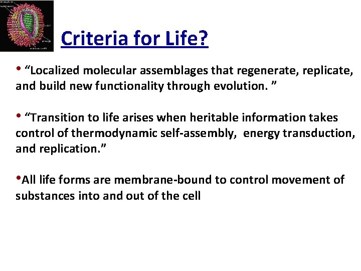 Criteria for Life? • “Localized molecular assemblages that regenerate, replicate, and build new functionality