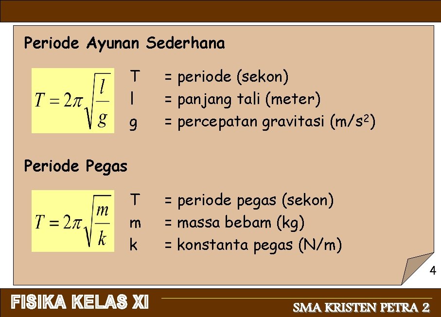 Periode Ayunan Sederhana T l g = periode (sekon) = panjang tali (meter) =