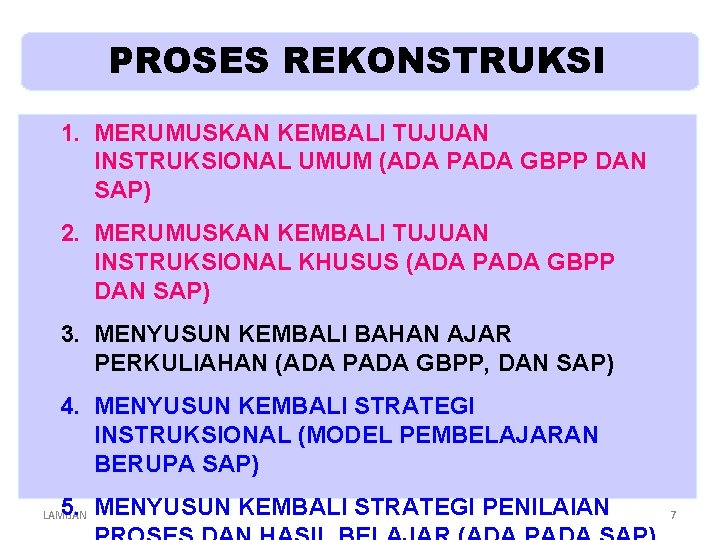 PROSES REKONSTRUKSI 1. MERUMUSKAN KEMBALI TUJUAN INSTRUKSIONAL UMUM (ADA PADA GBPP DAN SAP) 2.