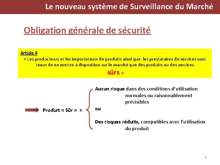 Le nouveau système de Surveillance du Marché Obligation générale de sécurité Article 4 «